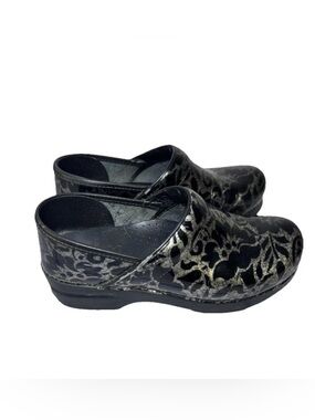 Dansko Professional Clogs Black Metallic Silver Floral Womens 39 8.5-9 Nurse